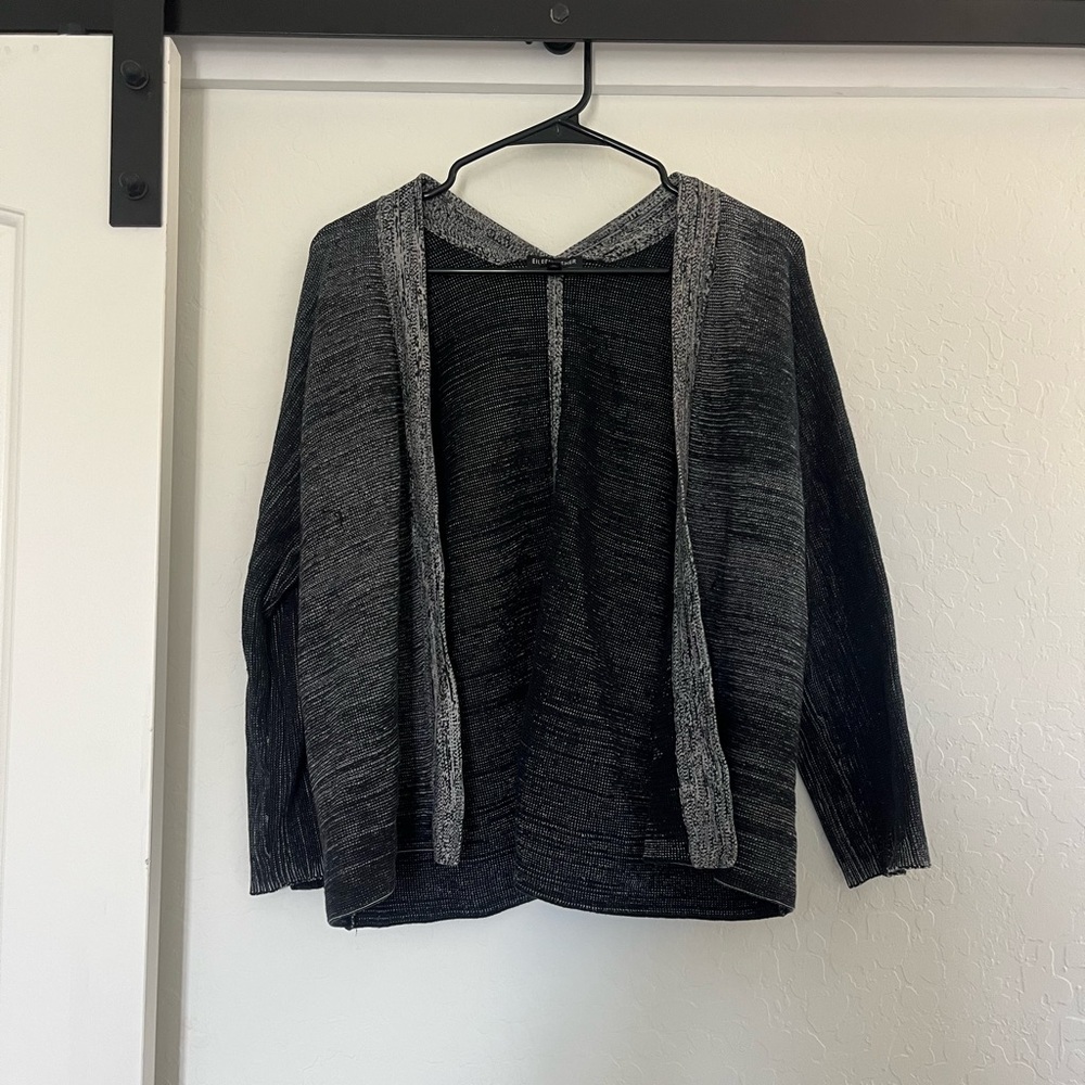 Eileen Fisher Silk Organic Cotton Open Front Cardigan‎ Knit Sweater Grey Black - Picture 2 of 5